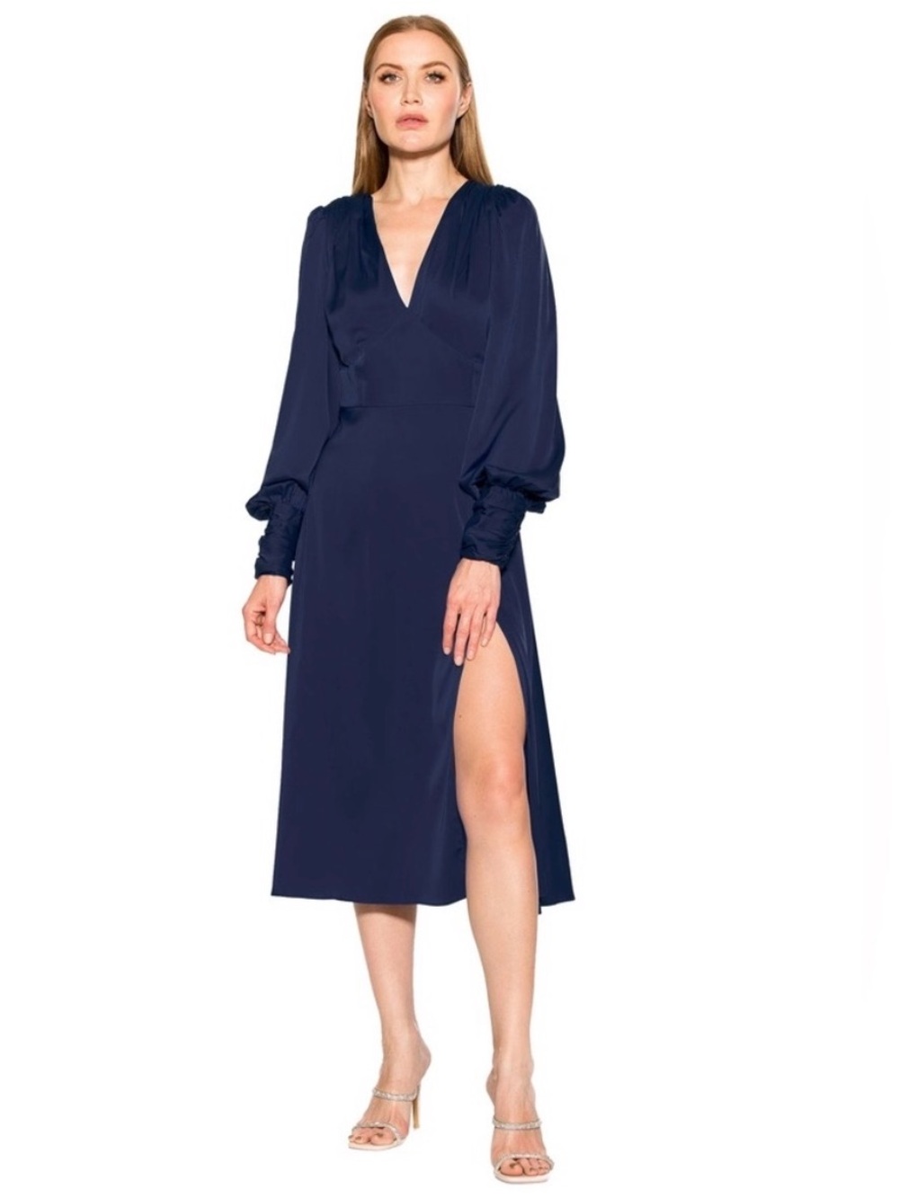 NWT Alexia Admor Navy V-Neck Midi Dress with Side Slit